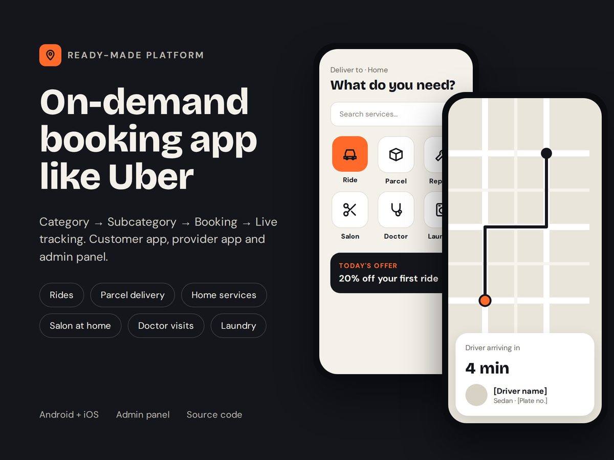 On-demand booking app with service categories and live driver tracking